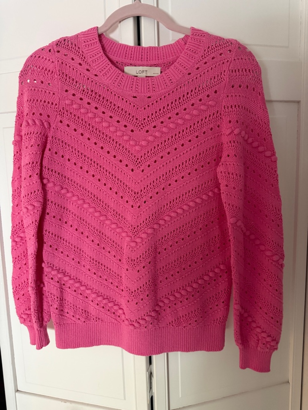 LOFT Hot Pink Openwork Chevron Crewneck Sweater